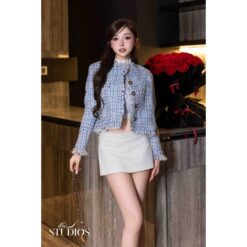 Áo Khoác Dạ Tweed THEL, Dáng Croptop Cao Cấp, 2 Lớp, Đệm Vai Sang Chảnh