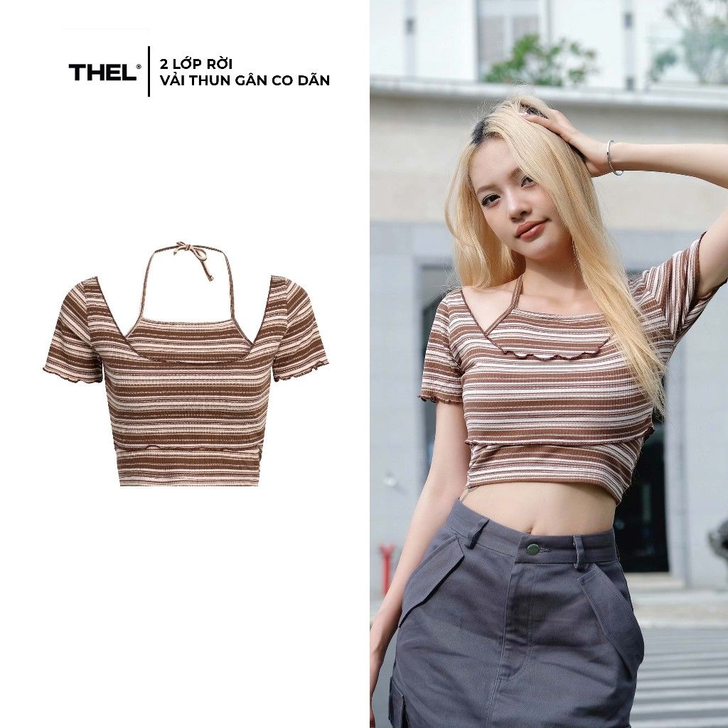 Áo kiểu croptop 2 dây, 2 lớp rời, cực xinh, phong cách hàn quốc THEL