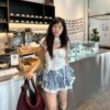 Chân váy thiết kế caro 2 tầng, phối ren, cột nơ, Có quần lót trong, Eo đo trên rốn THELSTUDIOS