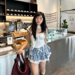 Chân váy thiết kế caro 2 tầng, phối ren, cột nơ, Có quần lót trong, Eo đo trên rốn THELSTUDIOS
