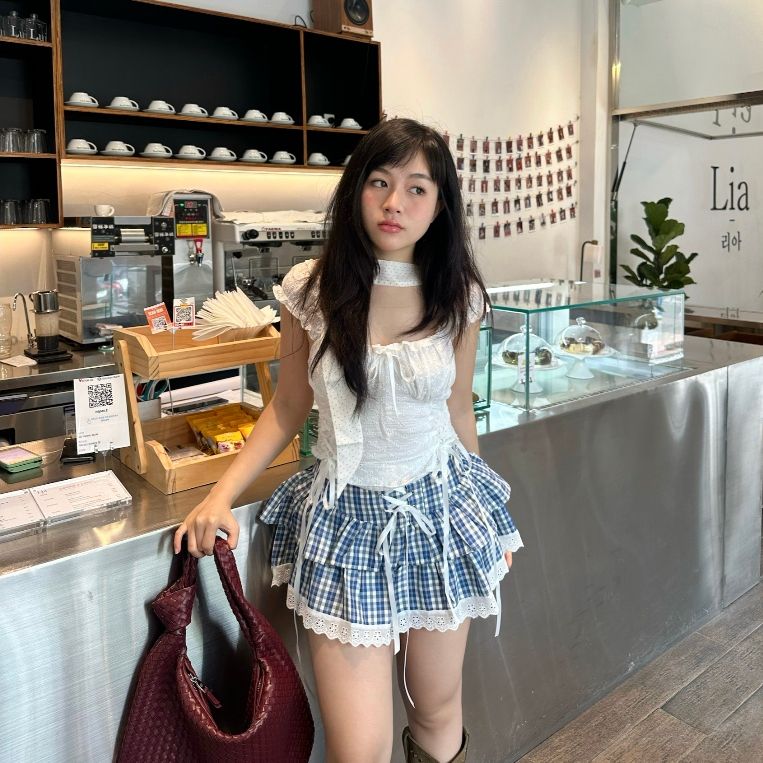 Chân váy thiết kế caro 2 tầng, phối ren, cột nơ, Có quần lót trong, Eo đo trên rốn THELSTUDIOS
