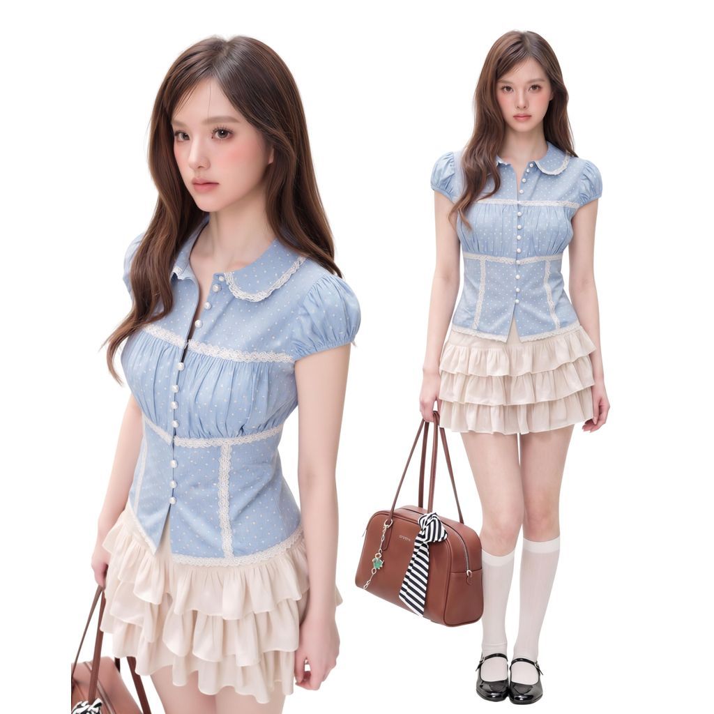 THELSTUDIOS – Blue Polka Top | Áo sơ mi thiết kế tay phồng nữ tính